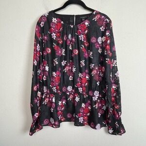 NWT Ann Taylor Blouse Sz L Black Red Floral Button Peplum Long‎ Sleeve Top